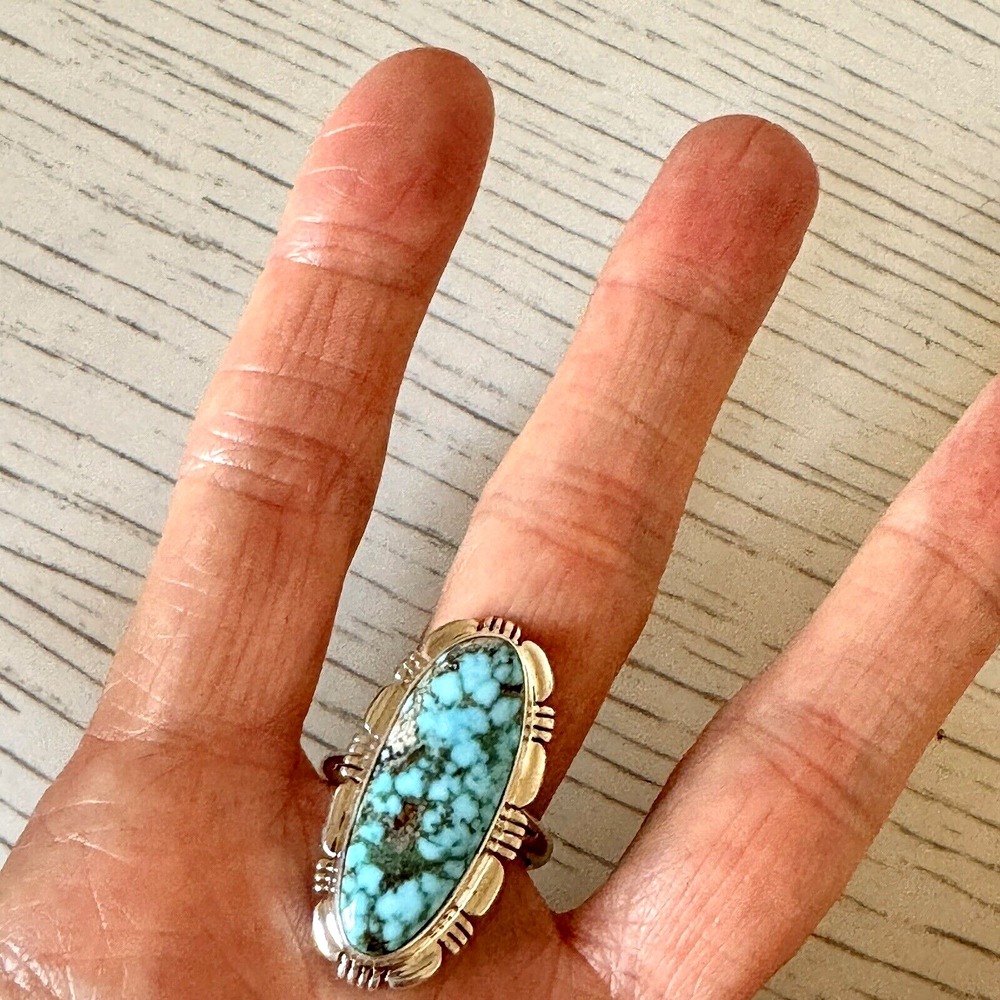 Navajo Sonoran Turquoise Ring Sz 10 Sterling Norvin Johnson Shine Fluted USA - Picture 3 of 7